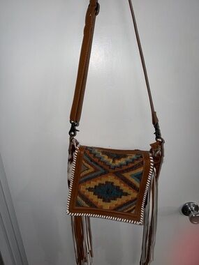 Myra Bag Brown Leather Fringe Crossbody with Southwestern Pattern